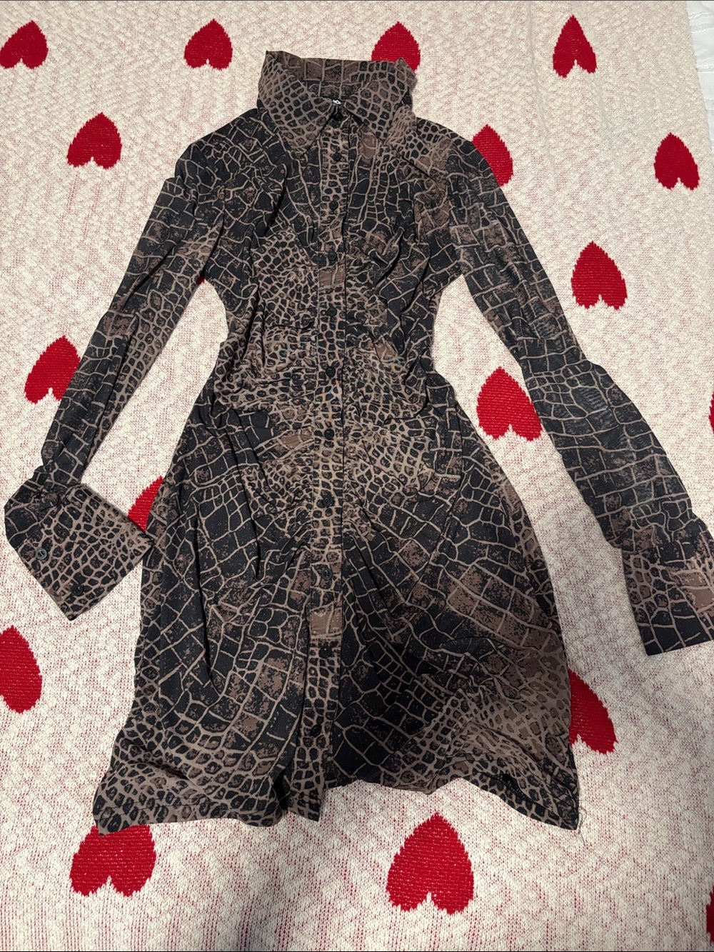 Fashion Nova Black & Brown Animal-Print Long Sleeve Shirt Dress